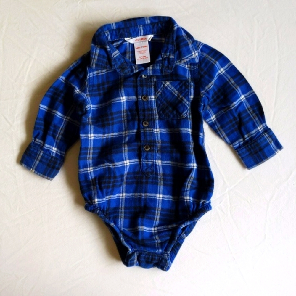 joe fresh blue cotton flannel collared bodysuit diaper shirt 6-12 months baby